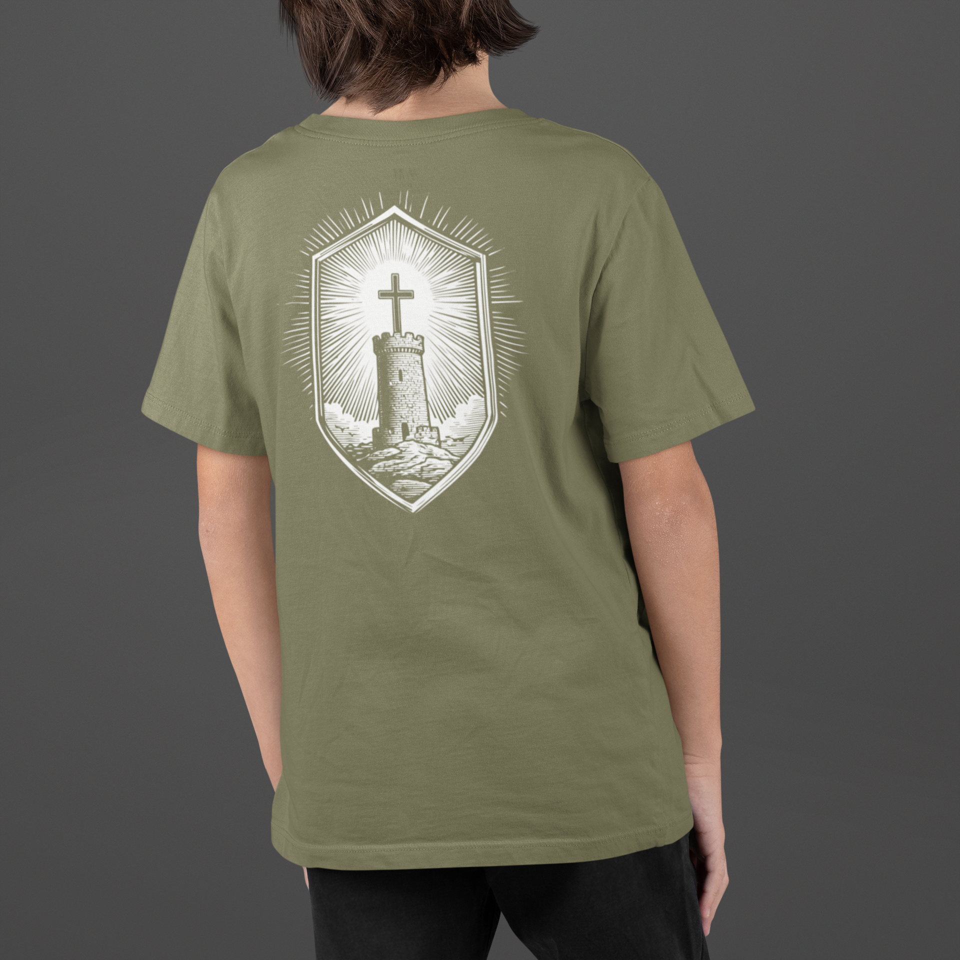 Youth Stone Tower Christian T-Shirt back view featuring shield cross graphic and stone tower design.