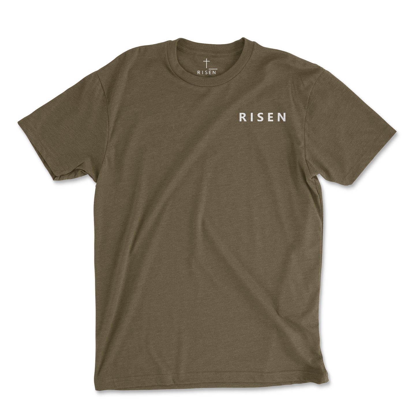Youth Stone Tower Christian T-Shirt featuring 'RISEN' text on an olive green tee.