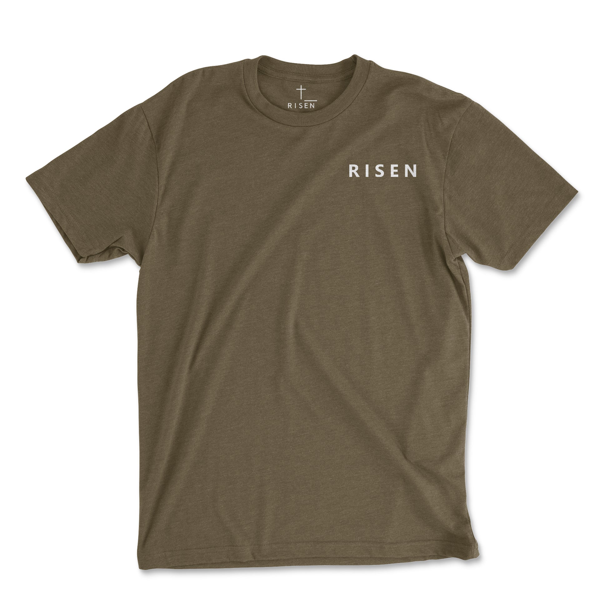 Youth Stone Tower Christian T-Shirt featuring 'RISEN' text on an olive green tee.