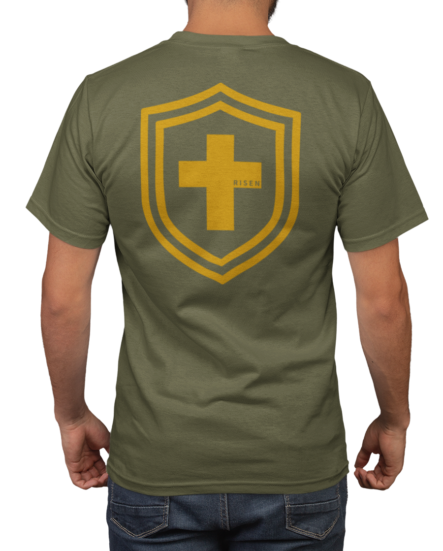 Men's Tshirt featuring a shield design with a cross on an olive green fabric.