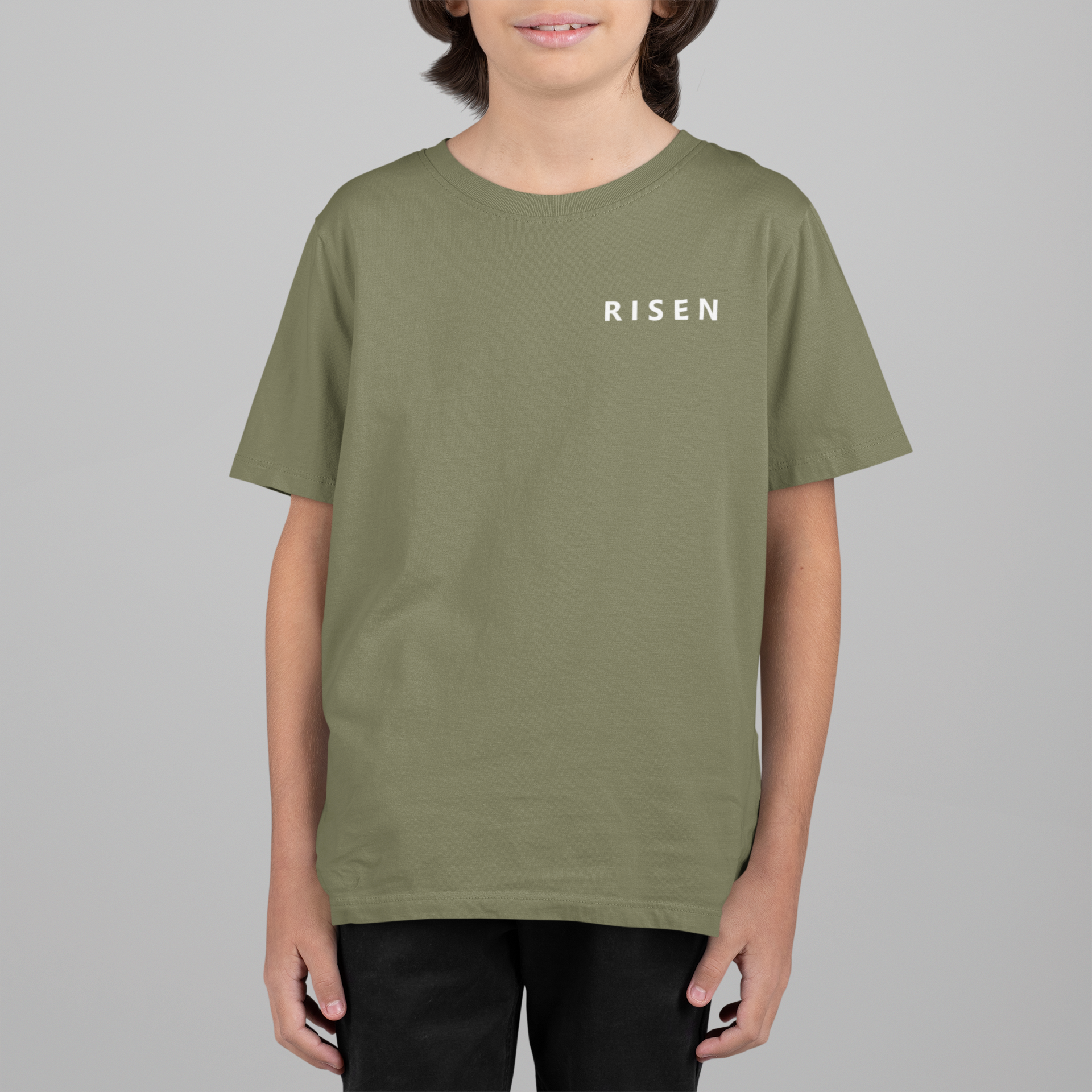 Born to Rise Youth Christian T-Shirt featuring RISEN text on an olive green tee.