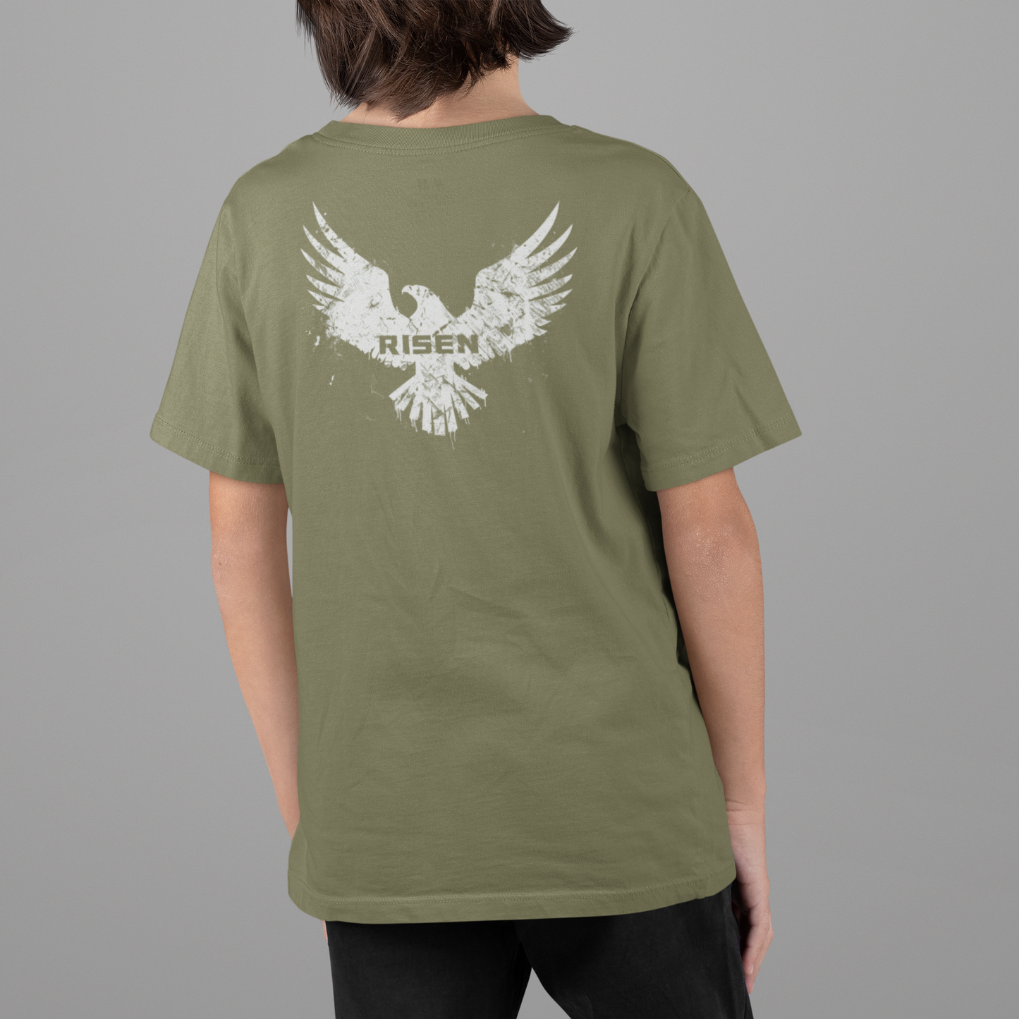 Born to Rise Youth Christian T-Shirt featuring RISEN eagle graphic on back.