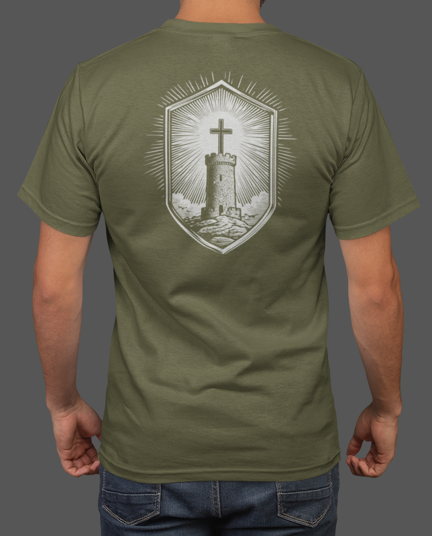 Stone Tower Men’s Christian T-Shirt featuring a graphic of a stone tower and cross inside a shield on the back.