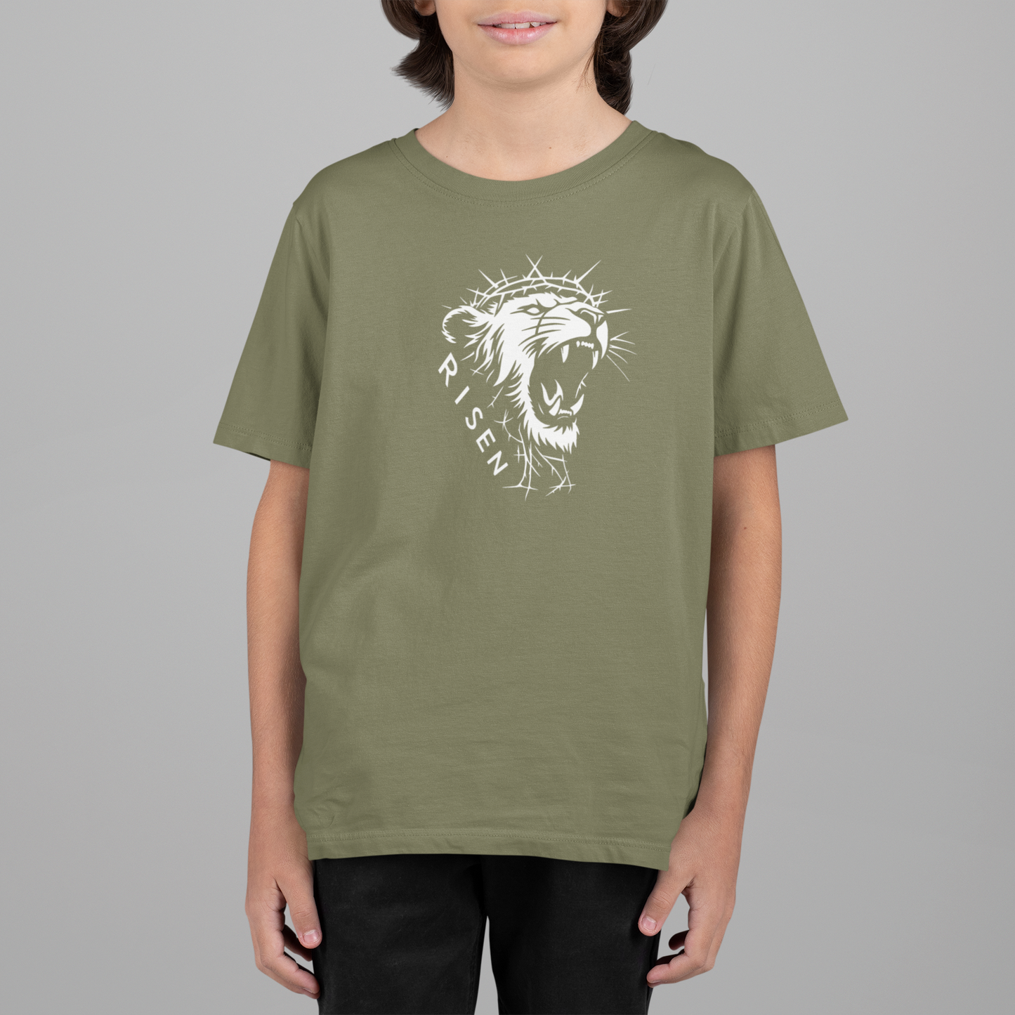 Youth The Risen King - Christian T-Shirt featuring a lion graphic, designed for young believers.