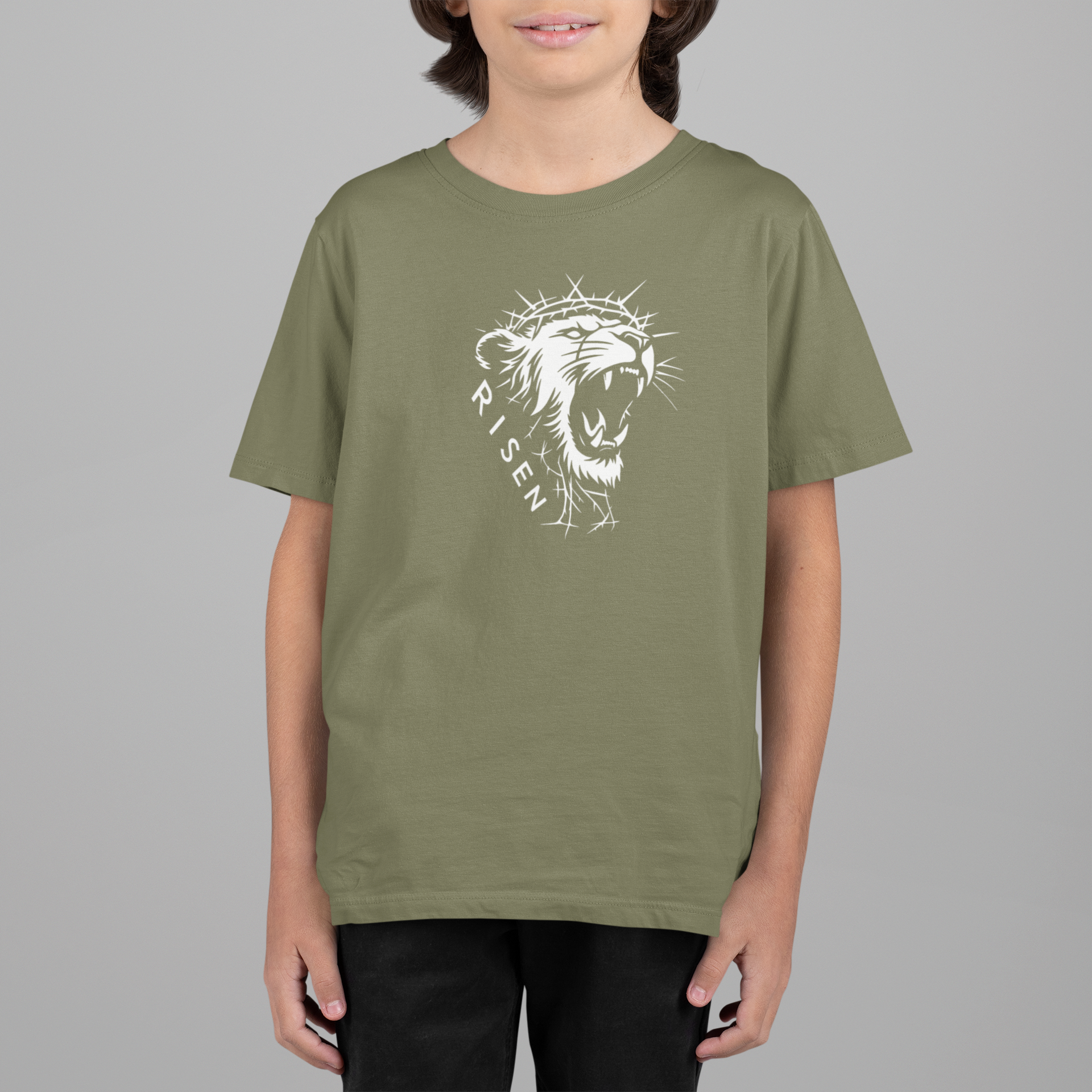 Youth The Risen King - Christian T-Shirt featuring a lion graphic, designed for young believers.