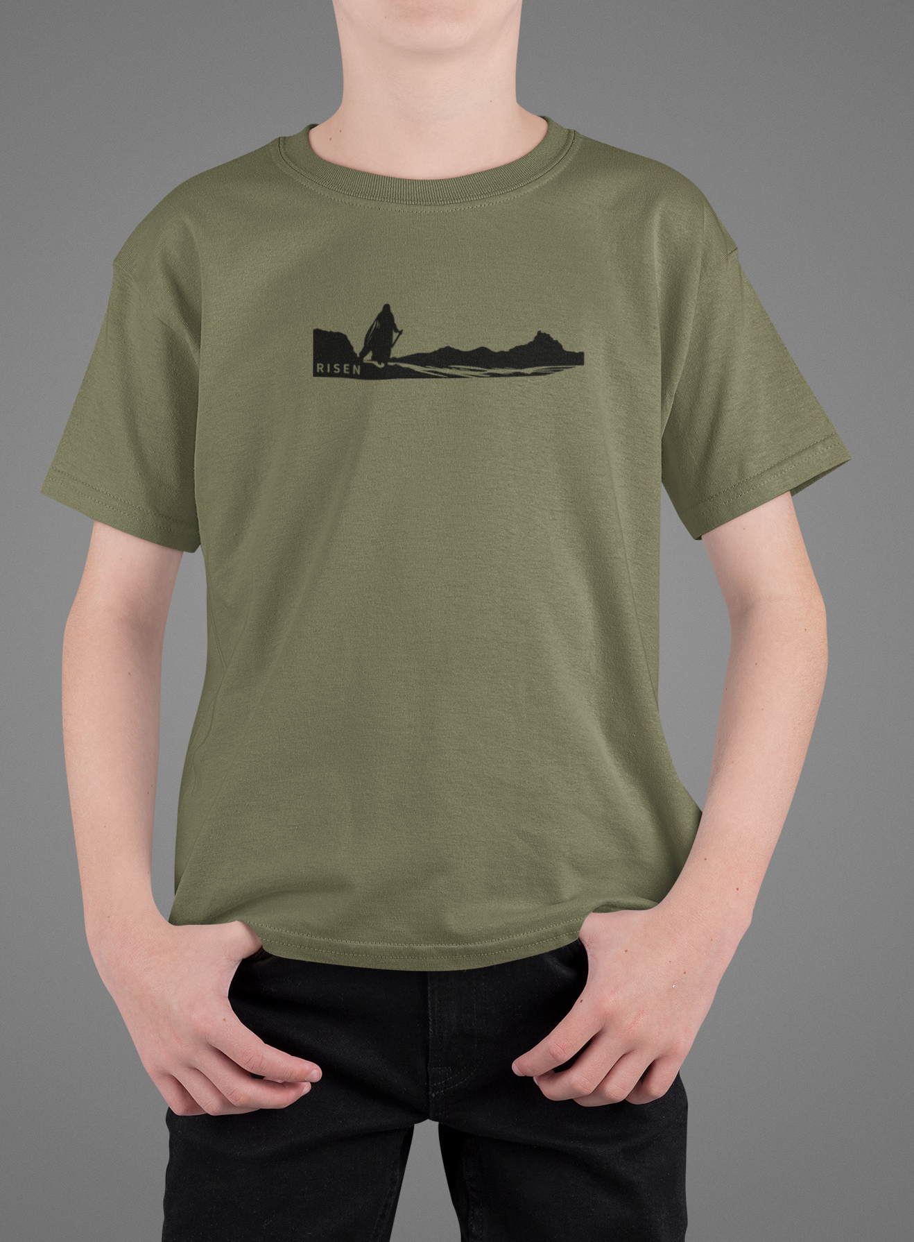 Youth The Way Forward Christian T-Shirt worn by a young boy, featuring a minimalist graphic design of a figure in a desert.