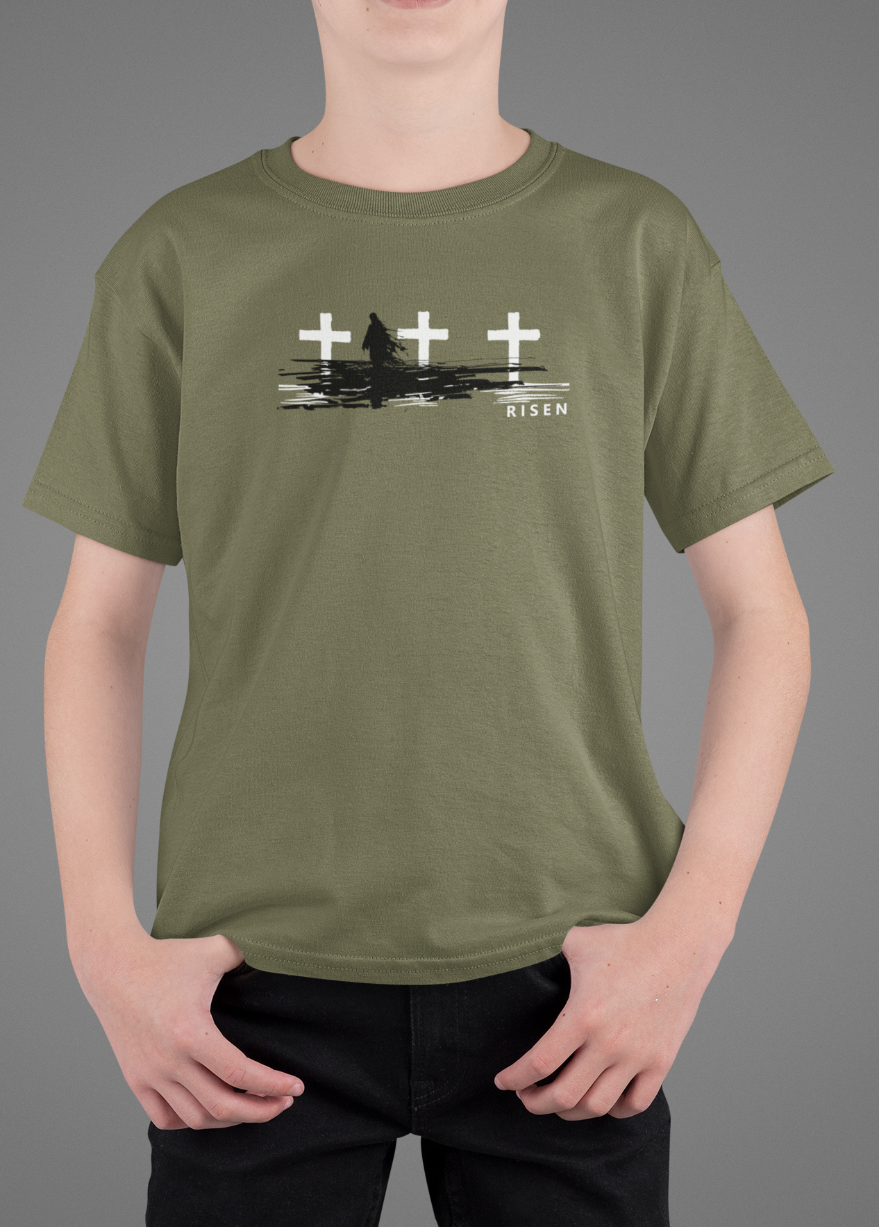 Youth The Third Day Christian T-Shirt featuring RISEN cross graphic on a green tee for young believers.