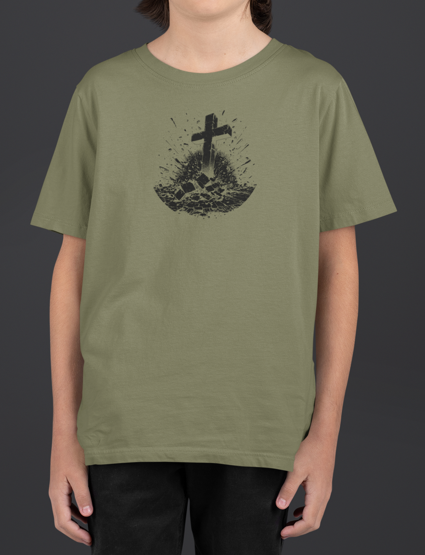 Youth Breakthrough Christian T-Shirt featuring RISEN cross graphic on a green tee for young believers.