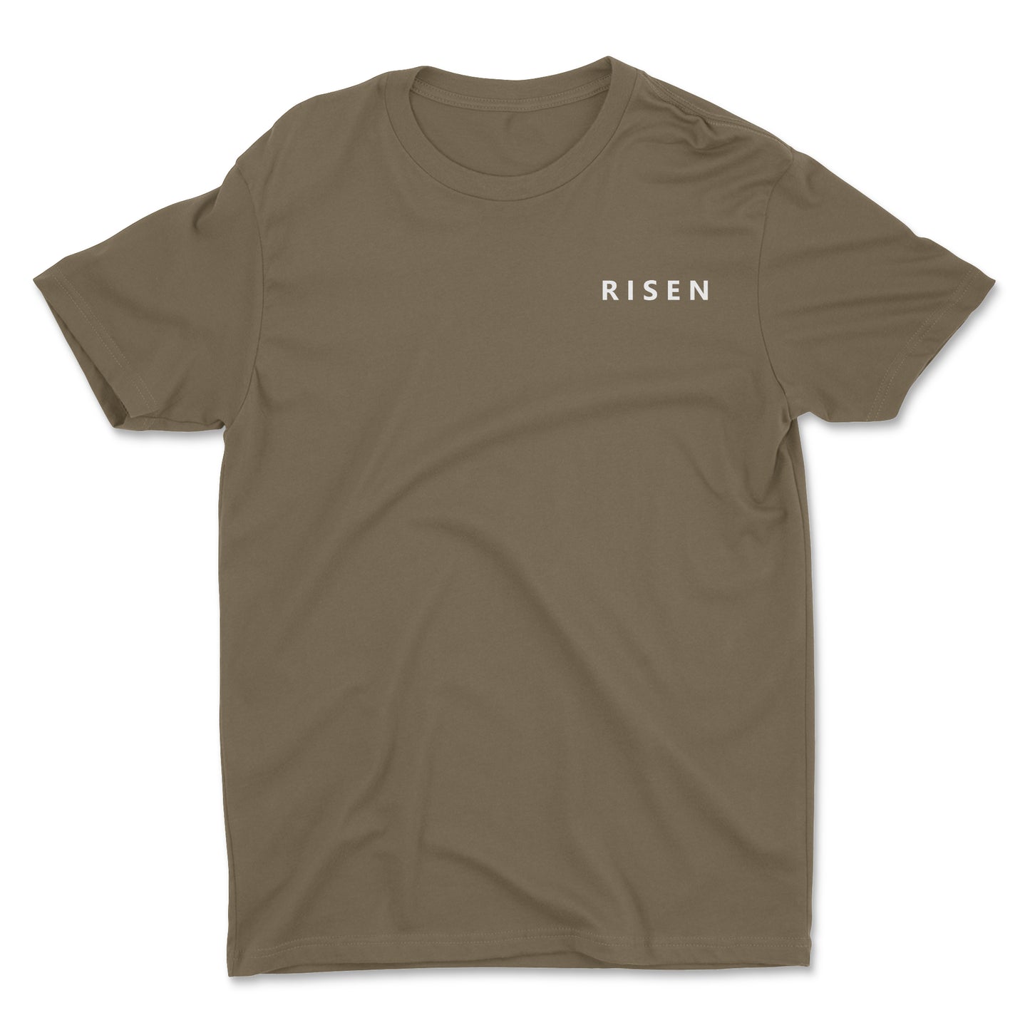 Born to Rise Youth Christian T-Shirt featuring RISEN text on a khaki shirt, symbolizing strength and faith.