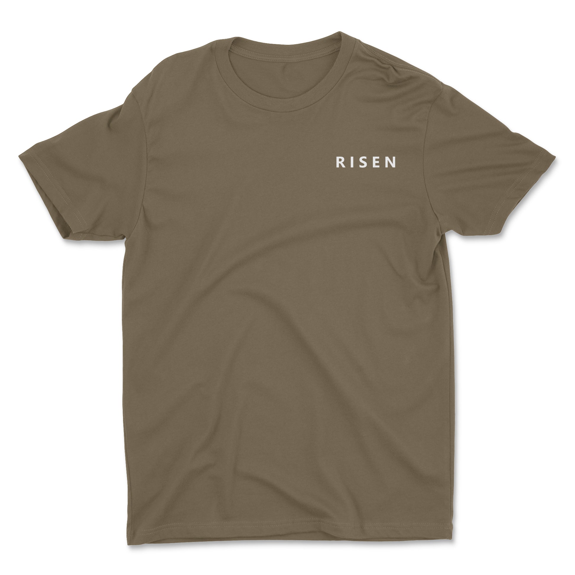 Born to Rise Youth Christian T-Shirt featuring RISEN text on a khaki shirt, symbolizing strength and faith.