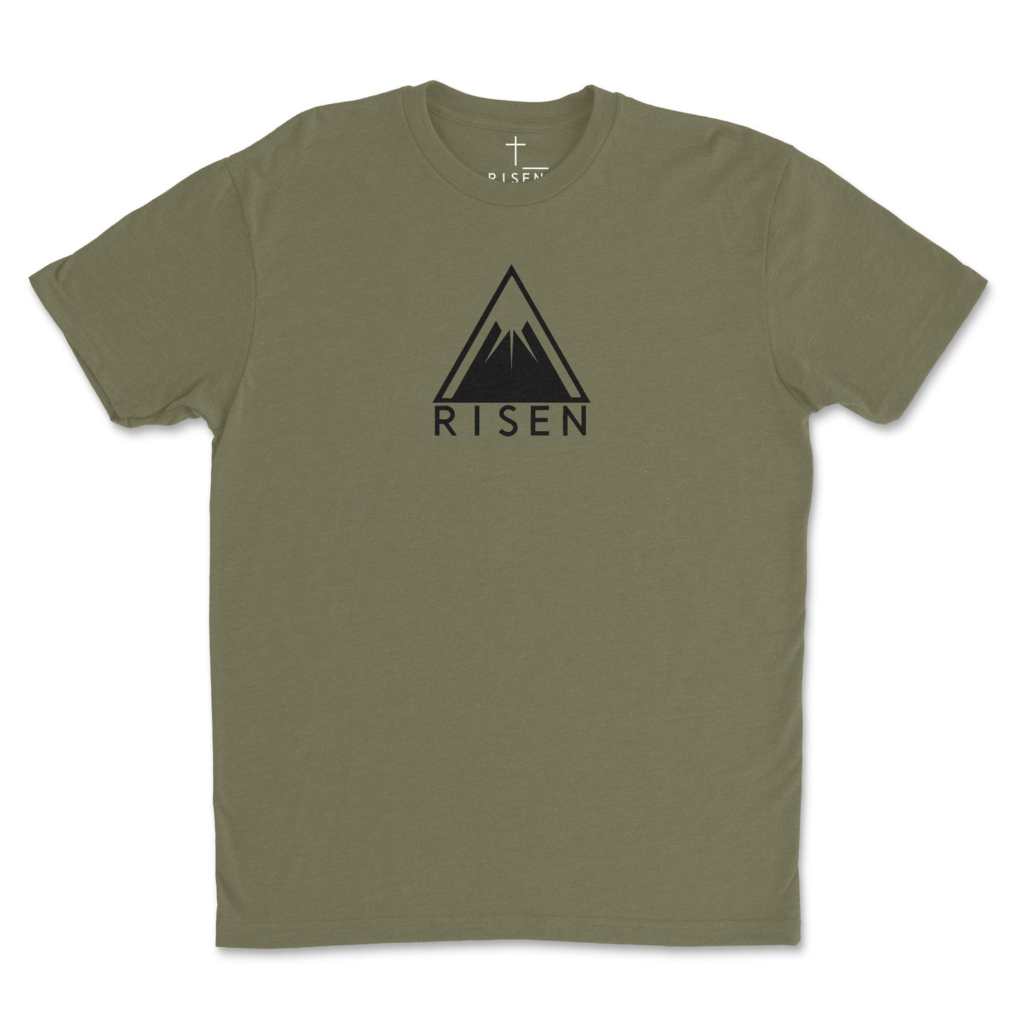 Youth The Peak Christian T-Shirt featuring a RISEN mountain graphic on a green background.