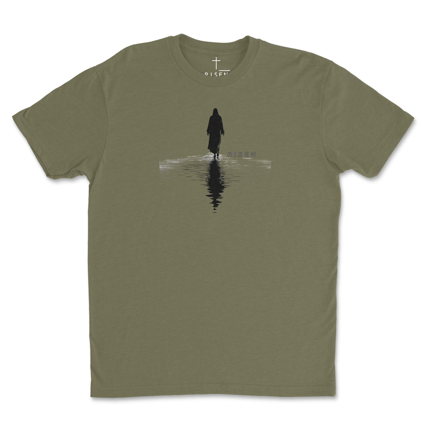 Above the Storm Men’s Christian T-Shirt with Christ walking on water graphic and reflection.