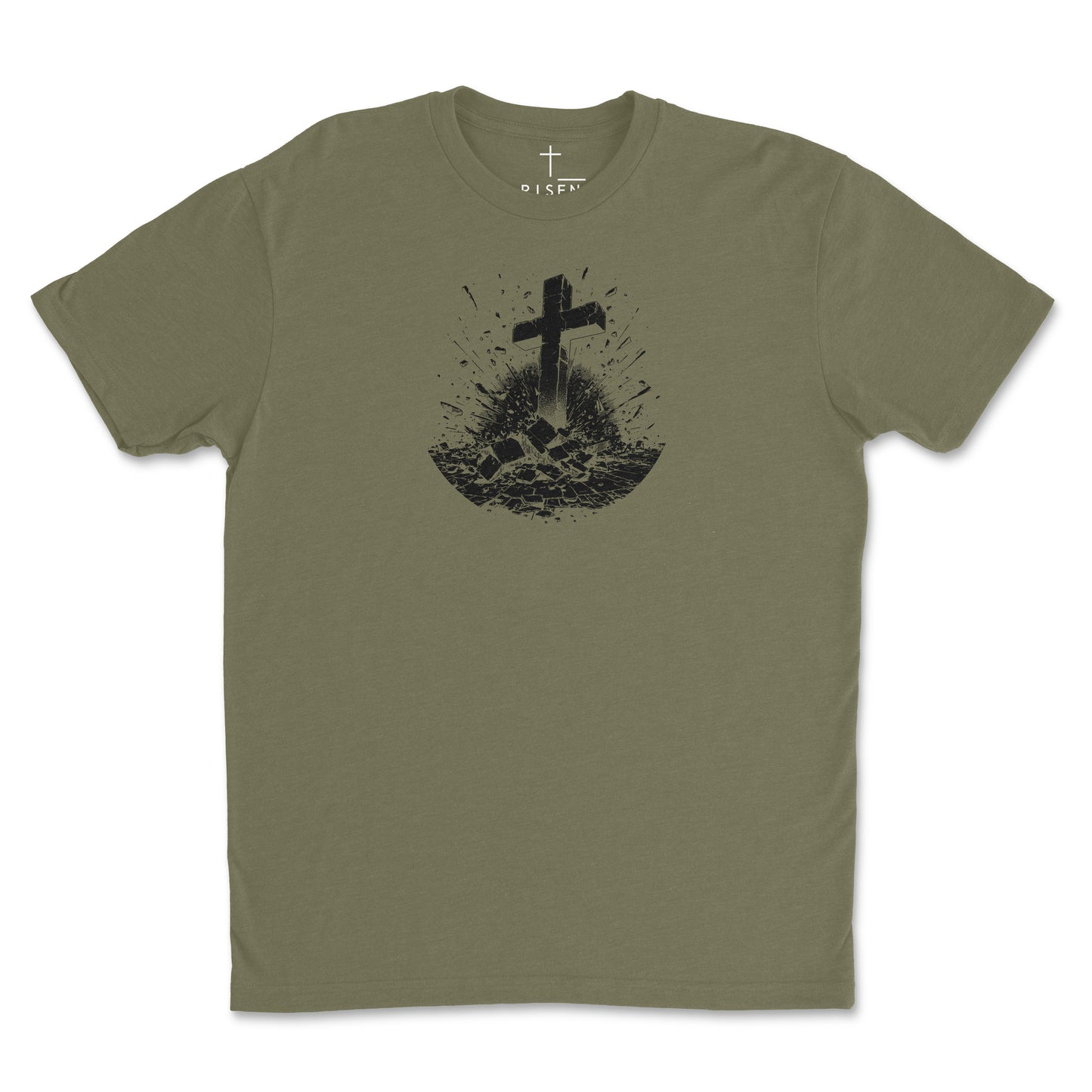 Youth Breakthrough Christian T-Shirt featuring RISEN Cross graphic breaking through stone.