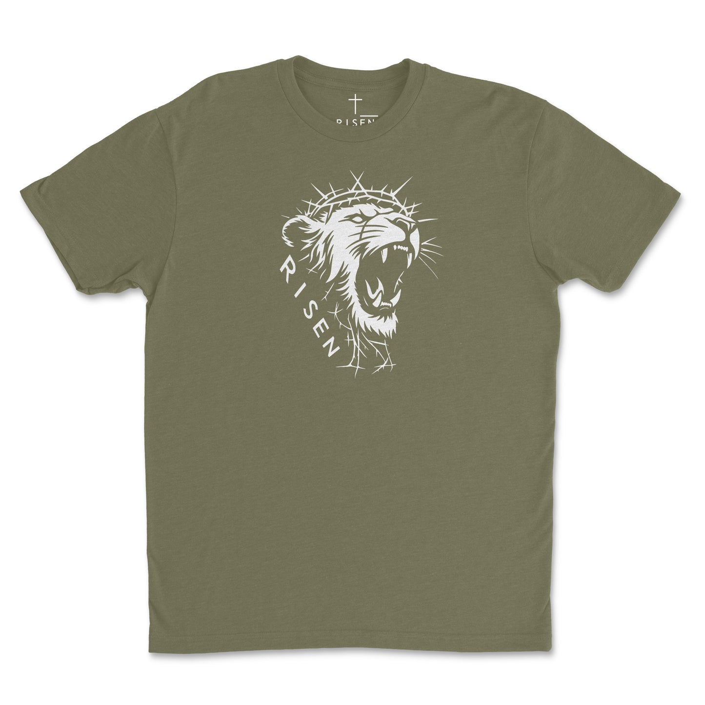 Youth The Risen King - Christian T-Shirt featuring a lion graphic roaring with a crown of thorns.