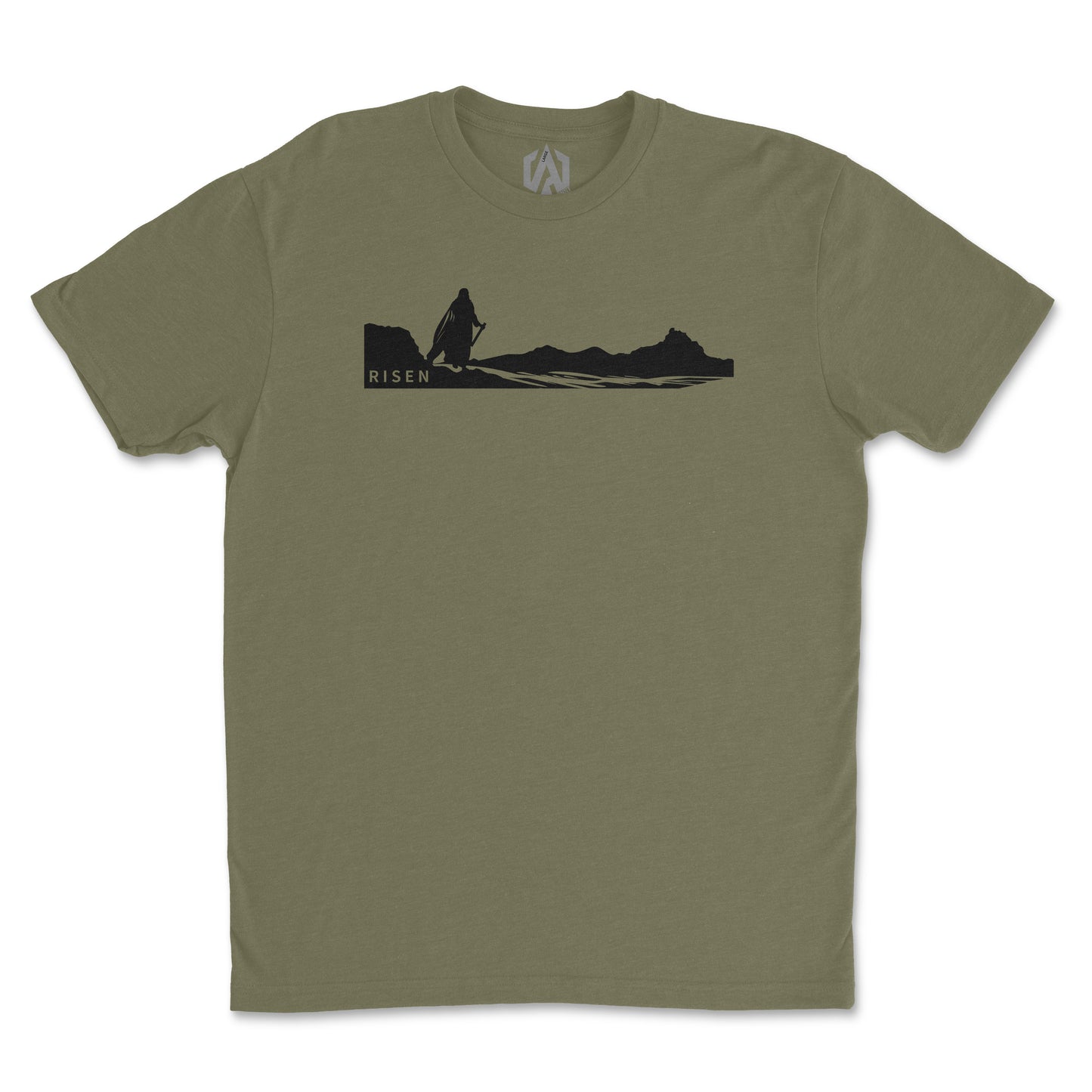 The Way Forward Men’s Christian T-Shirt featuring RISEN graphic on desert landscape.