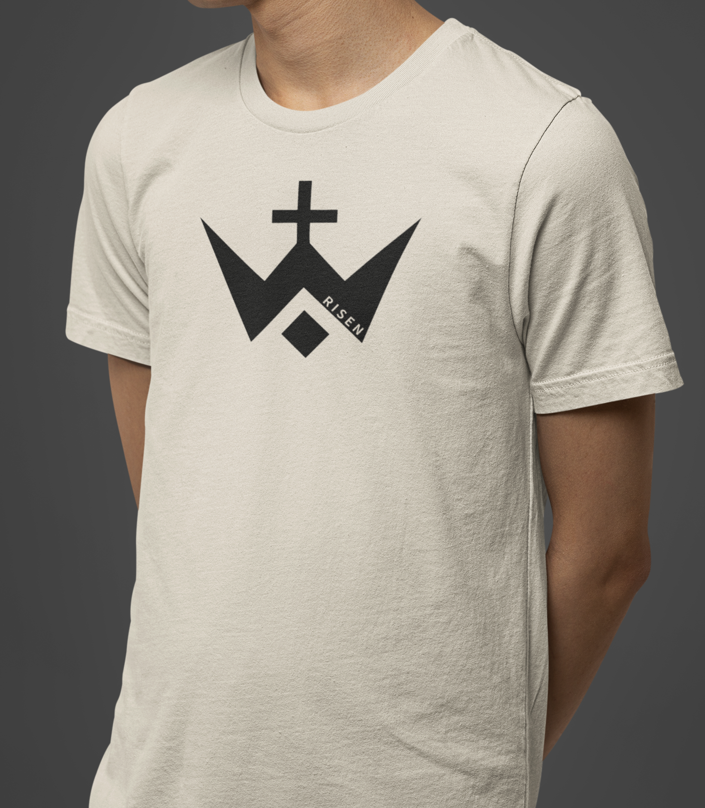 Worthy Men’s Cross T-Shirt featuring RISEN logo on chest, crafted for comfort and modern style in light fabric.