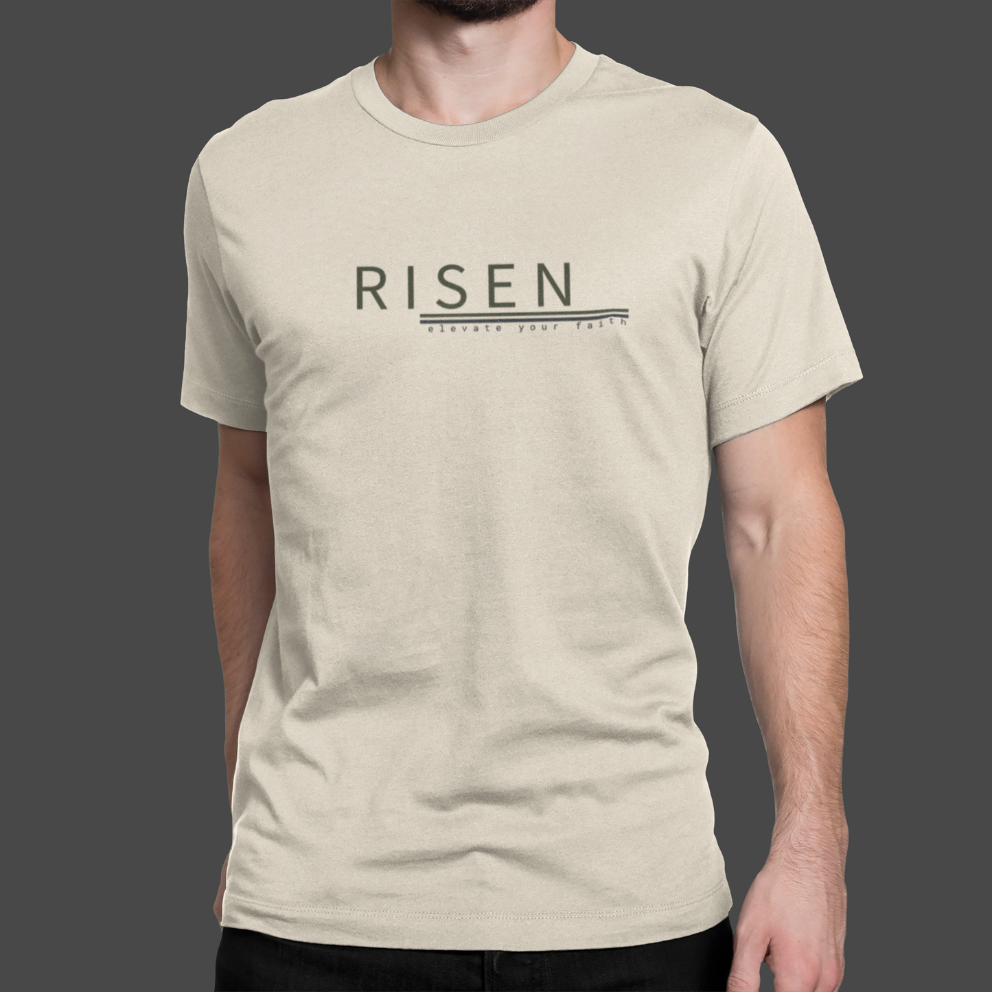 Sueded Jersey T-Shirt – RISEN Premium Graphic Tee in a neutral color, showcasing a modern fit and breathable comfort.