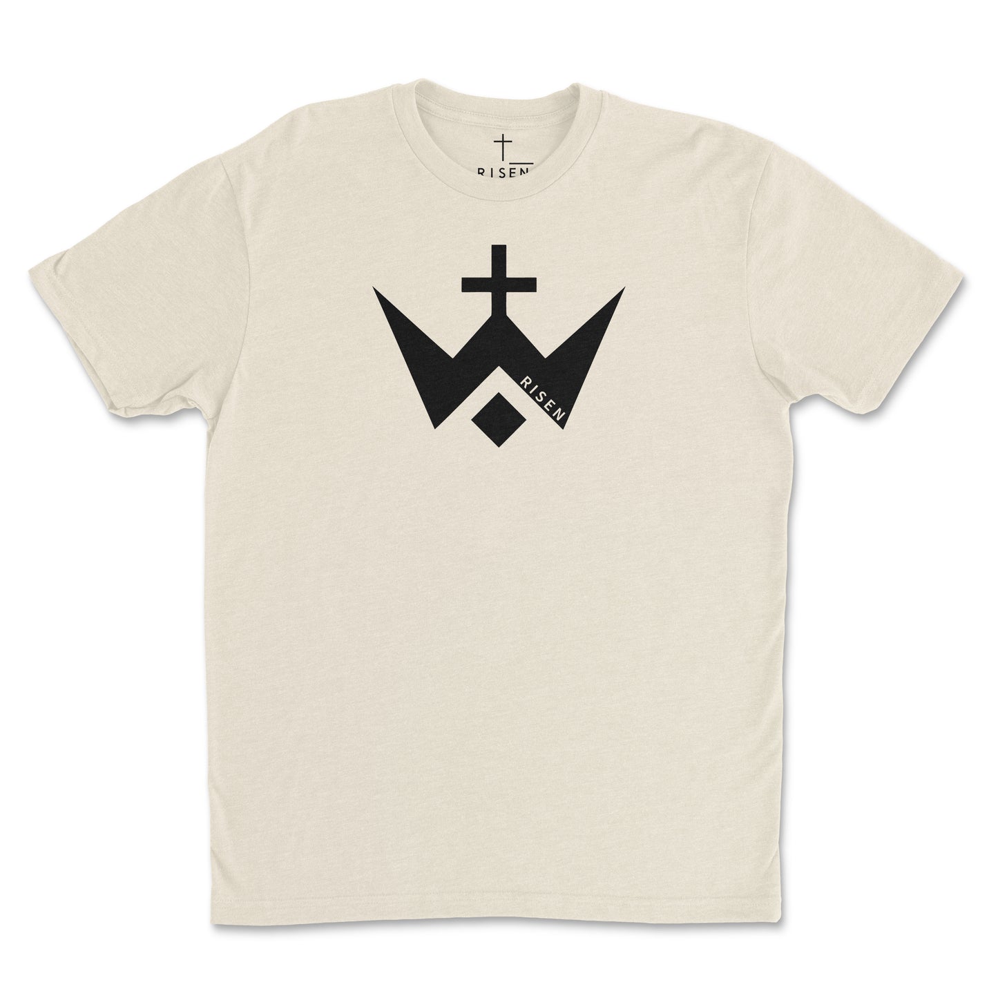 Worthy Men’s Cross T-Shirt featuring bold RISEN logo in black on a beige sueded jersey fabric.