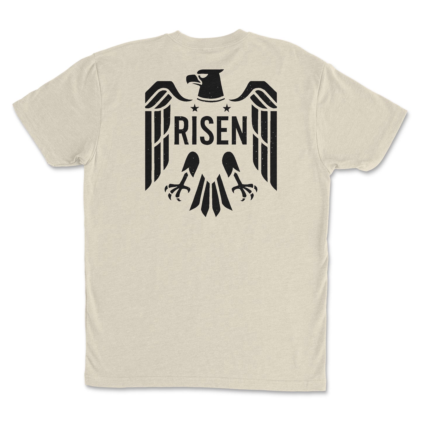 Risen Eagle Men’s T-Shirt featuring bold eagle graphic and RISEN text on the back in black color.