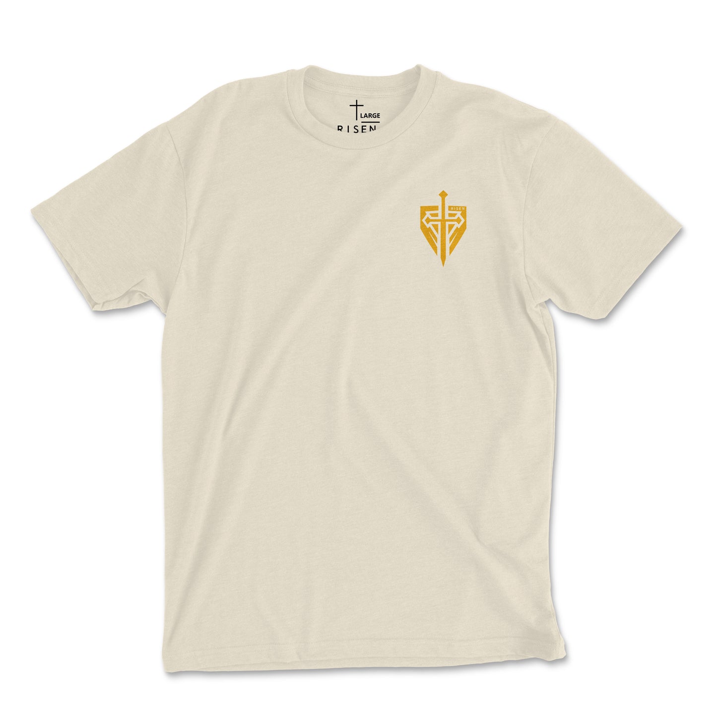 Iron Kingdom Christian streetwear fashion t-shirt in cream color with logo on chest.