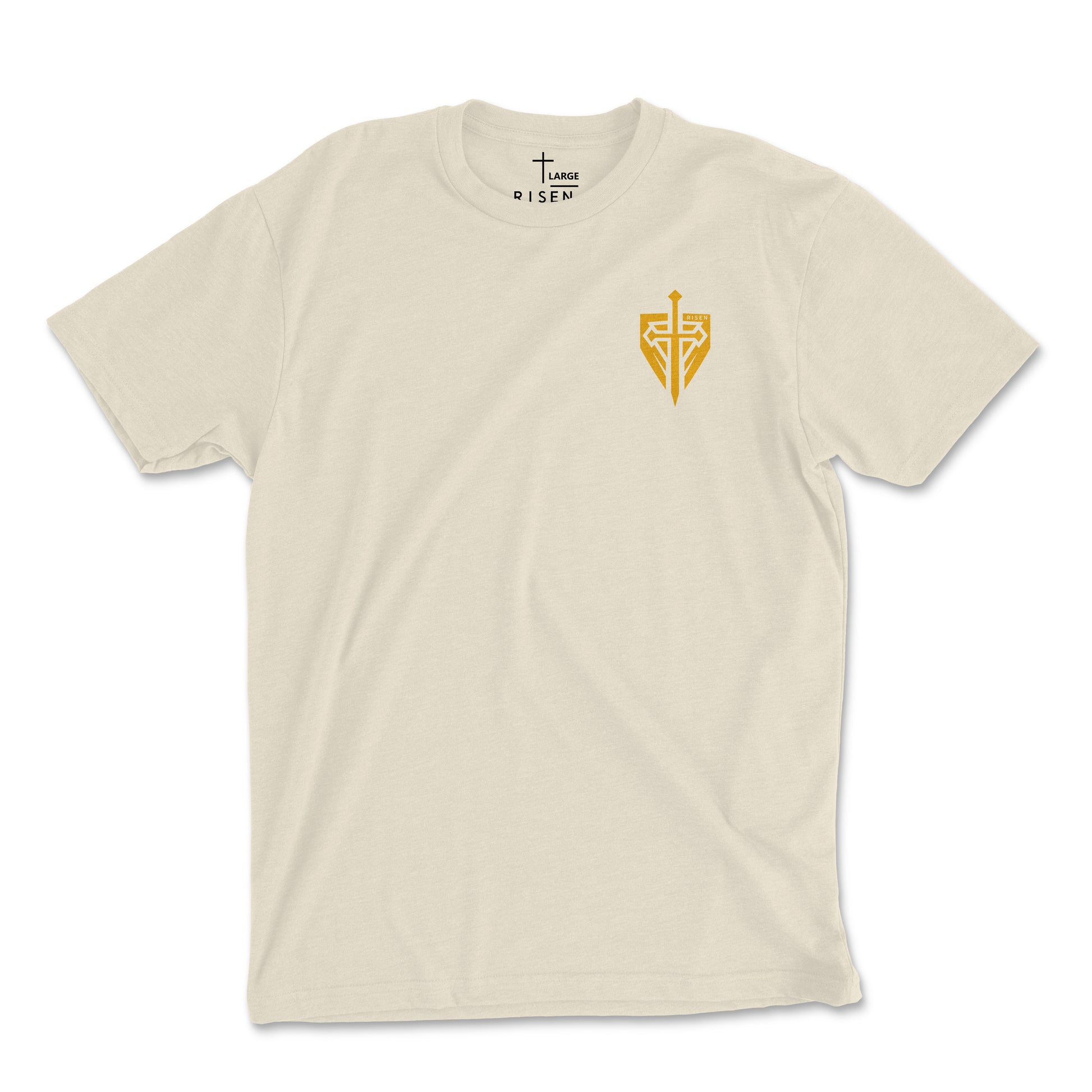 Iron Kingdom Christian streetwear fashion t-shirt in cream color with logo on chest.