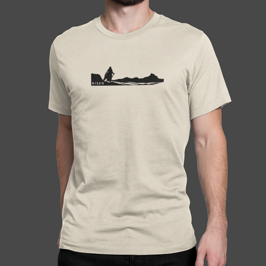 The Way Forward Men’s Christian T-Shirt displaying a figure in a desert landscape with RISEN text.