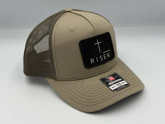 Black Risen Cross Canvas Patch – Olive Green Trucker Hat