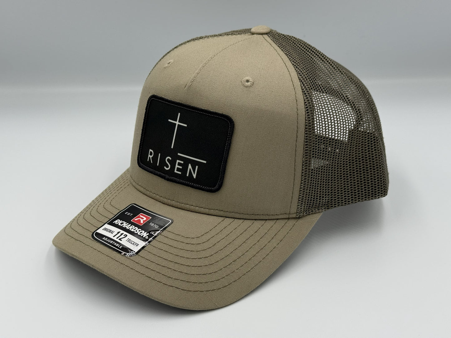 Black Risen Cross Canvas Patch – Olive Green Trucker Hat