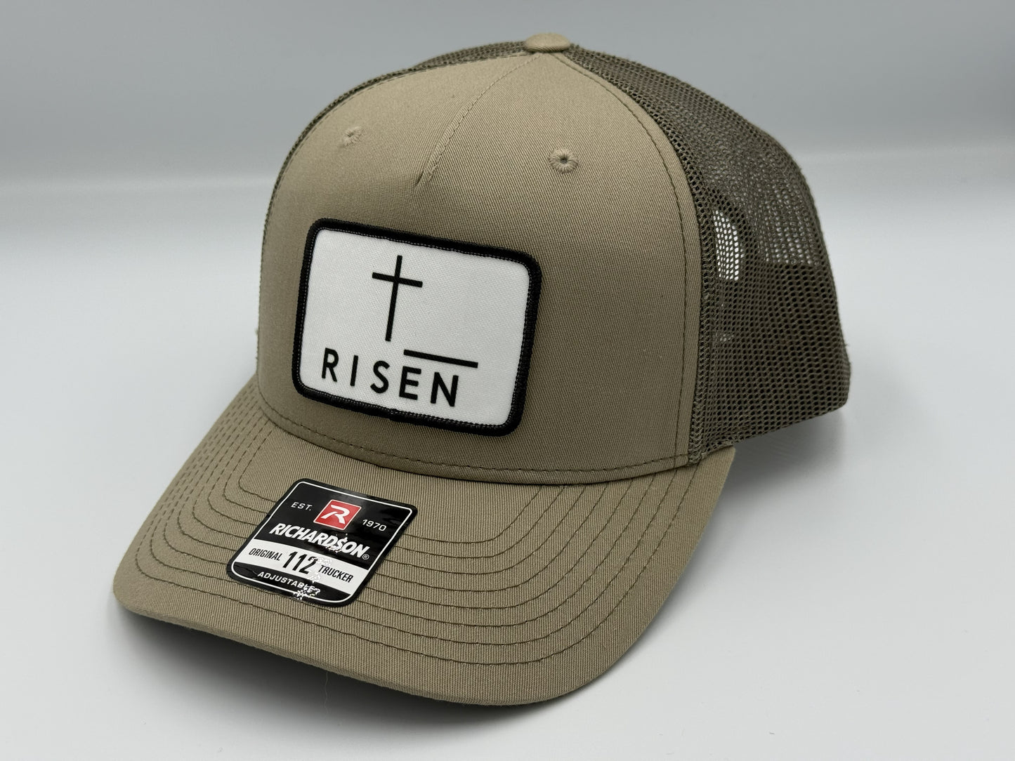 White Risen Cross Canvas Patch – Olive Green Trucker Hat