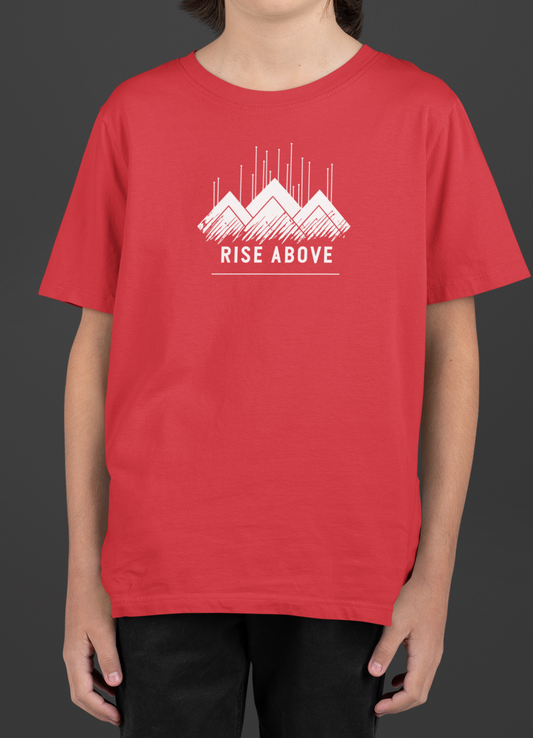 Youth Rise Above T-Shirt featuring mountain graphic and bold text, perfect for promoting resilience and confidence.