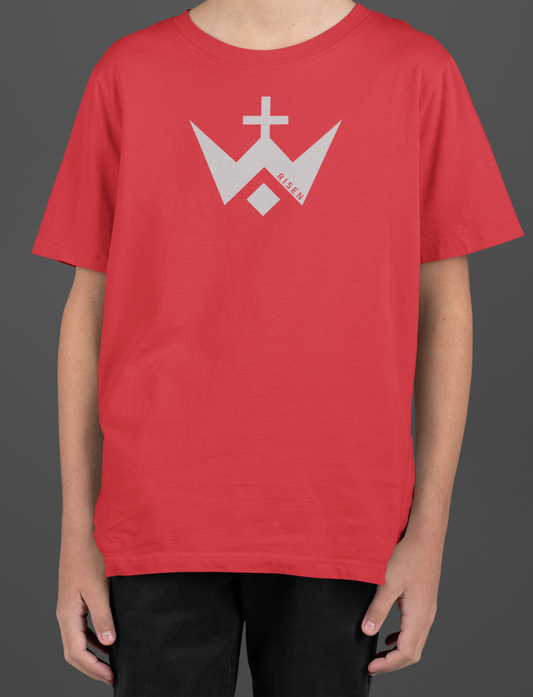 Youth Worthy Cross T-Shirt featuring RISEN logo on a red graphic tee for kids.