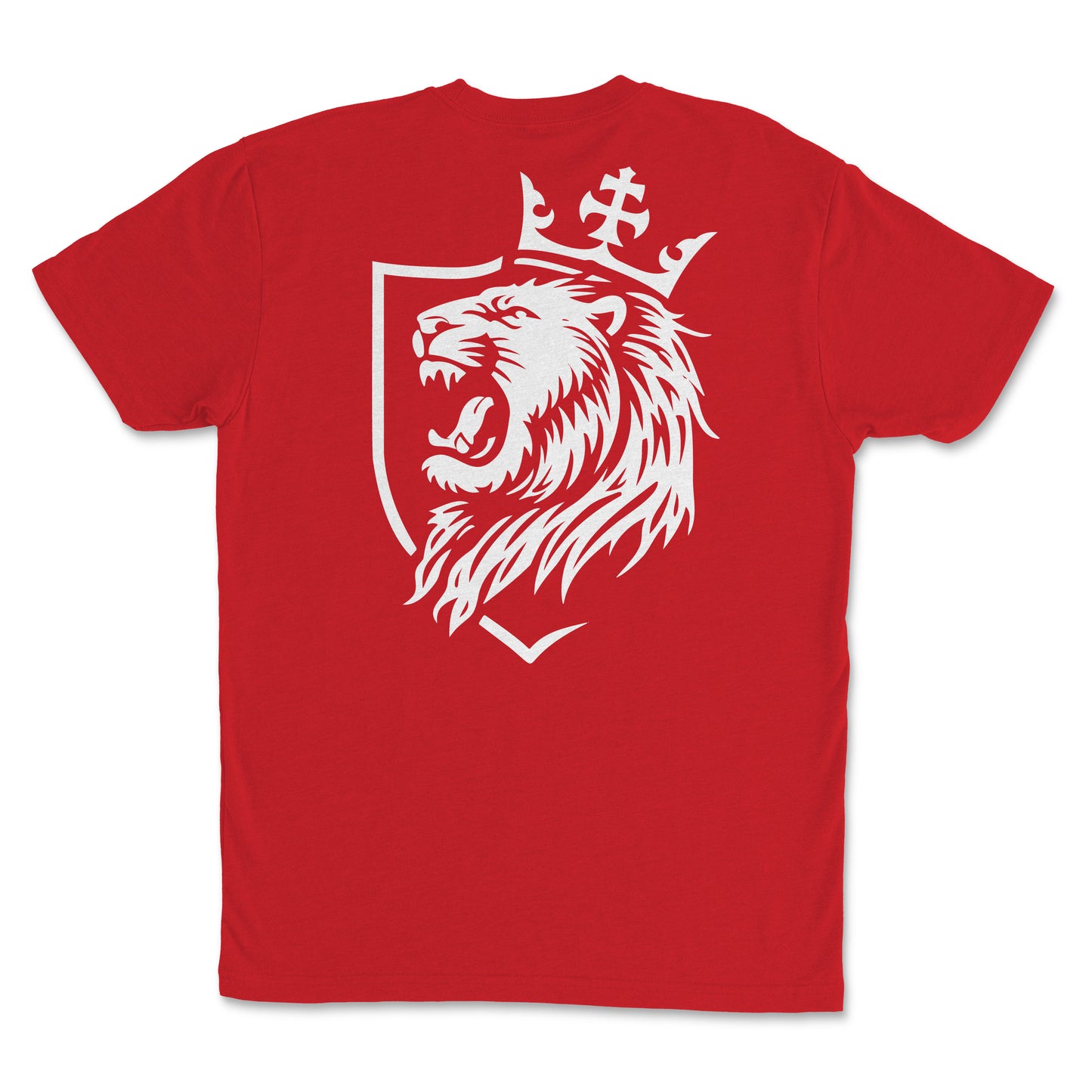 Youth Lion Crest Christian T-Shirt back view featuring crowned lion shield graphic design on a red tee.