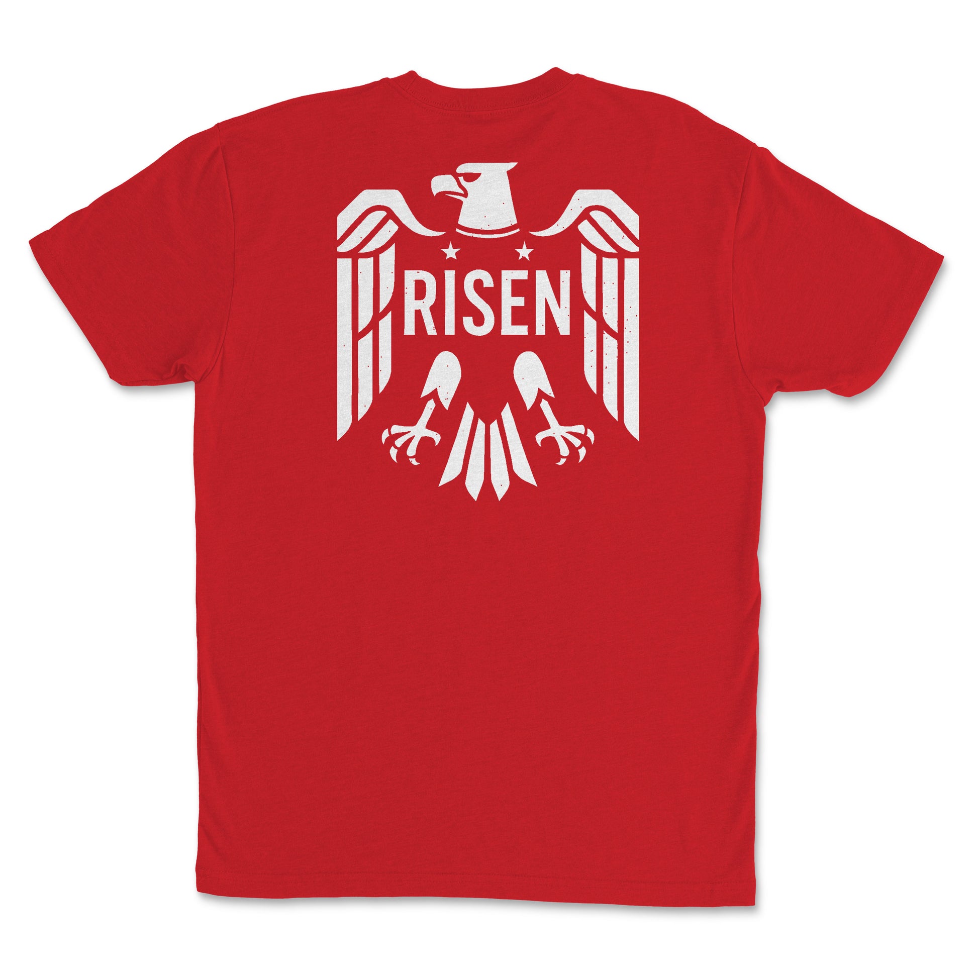 Risen Eagle Men’s T-Shirt featuring a bold eagle graphic and 'RISEN' text on the back, perfect for everyday wear.