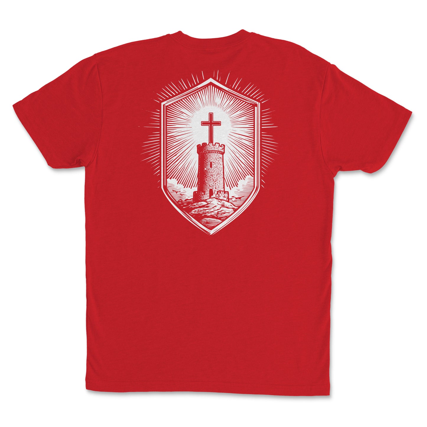 Stone Tower Men’s Christian T-Shirt featuring a shield cross graphic of a stone tower on a red tee.