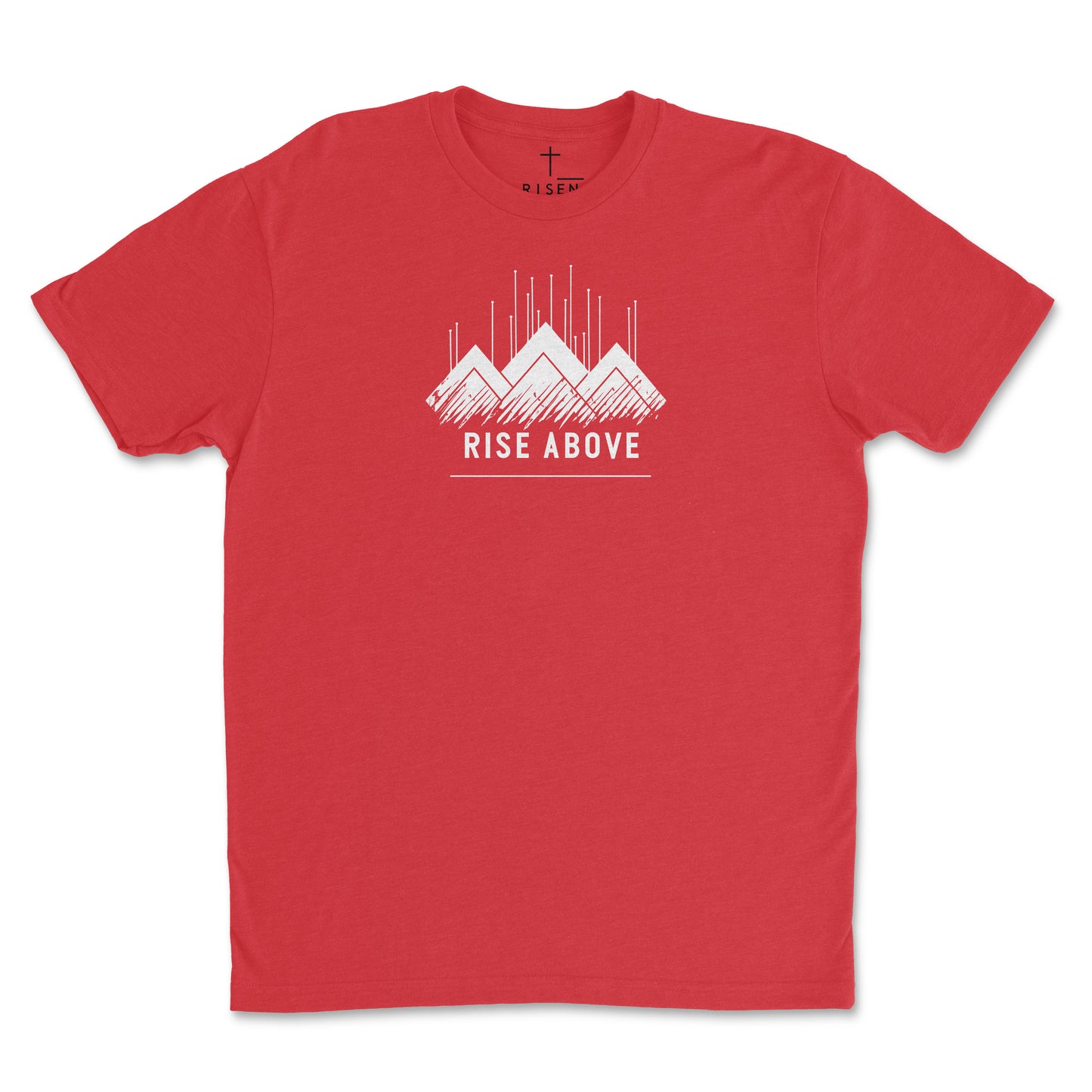 Youth Rise Above T-Shirt featuring bold mountain graphic and text in white on a red background.