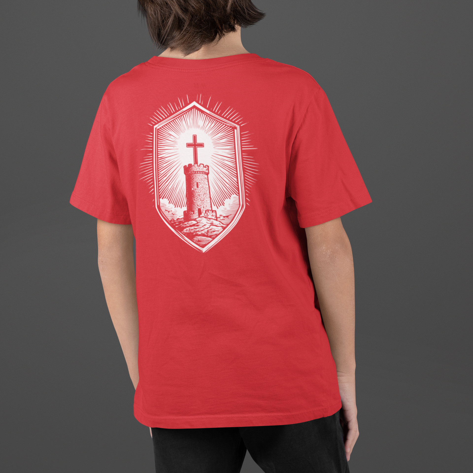 Youth Stone Tower Christian T-Shirt featuring a shield cross graphic design on the back in vibrant red color.