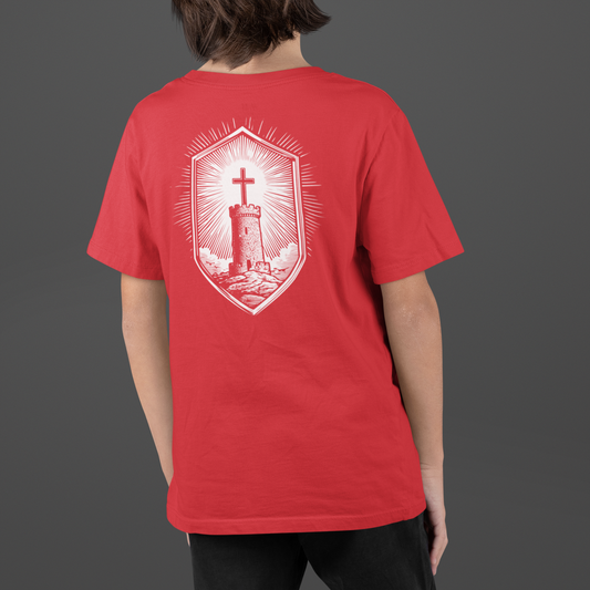 Youth Stone Tower Christian T-Shirt featuring a shield cross graphic design on the back in vibrant red color.