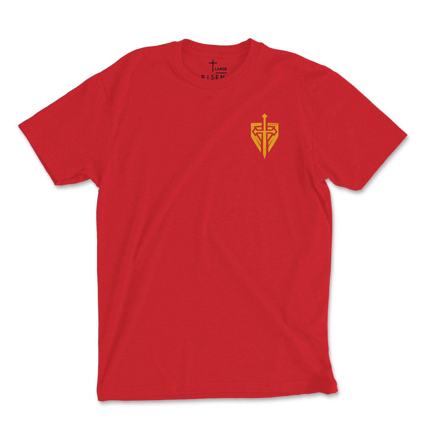 Iron Kingdom red t-shirt featuring a yellow logo, perfect for Christian streetwear fashion enthusiasts.