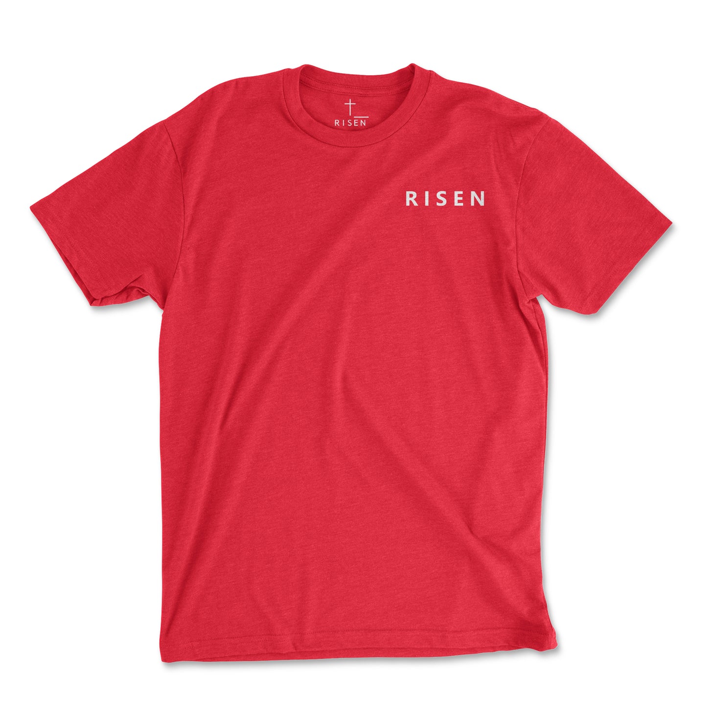 Stone Tower Men’s Christian T-Shirt featuring bold 'RISEN' text on a red background.