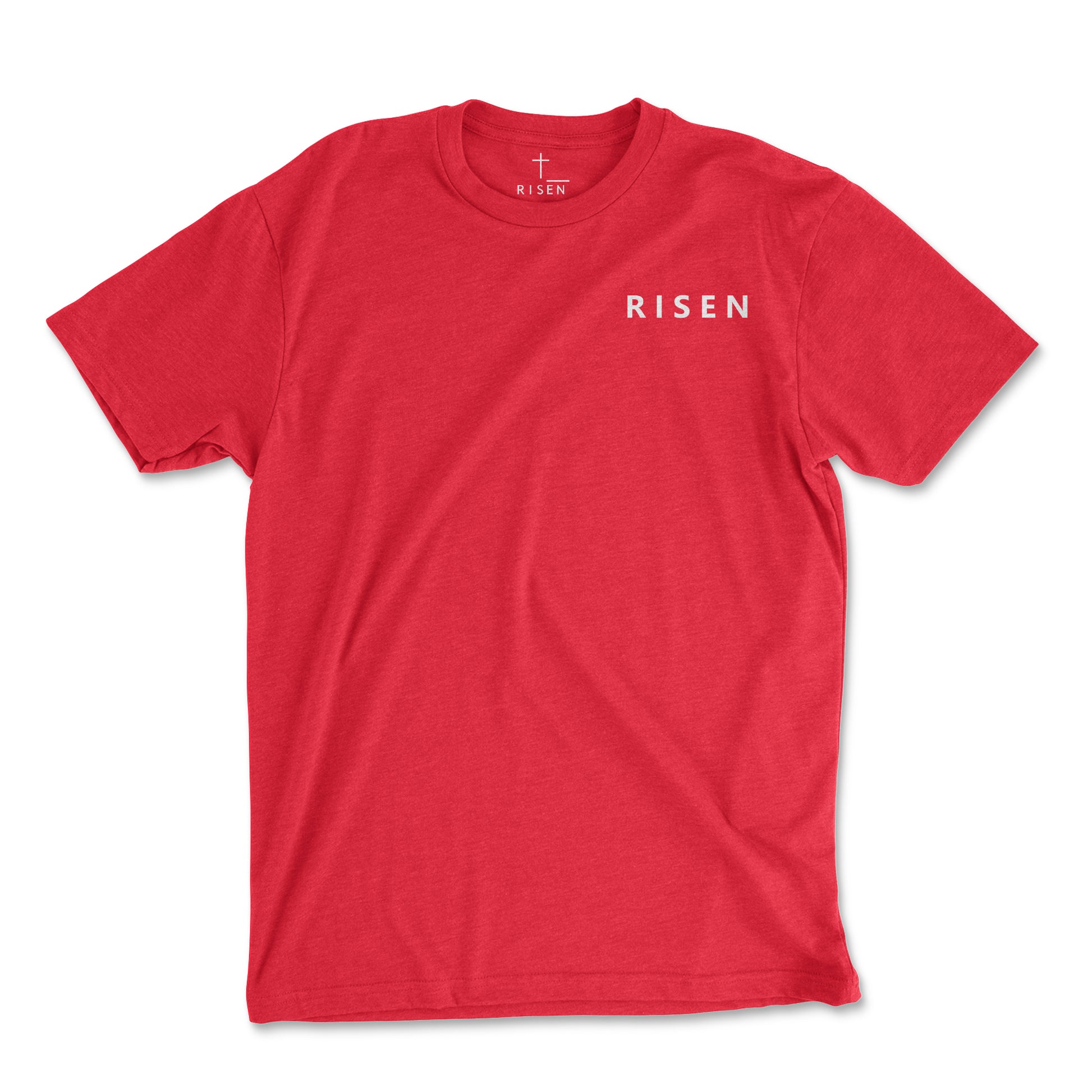 Stone Tower Men’s Christian T-Shirt featuring bold 'RISEN' text on a red background.