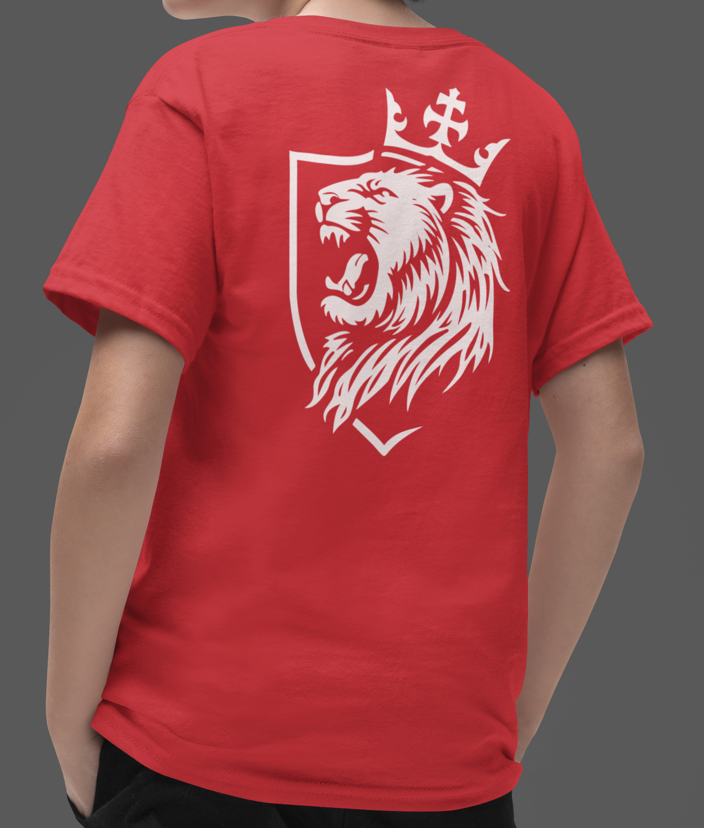 Youth Lion Crest Christian T-Shirt featuring a roaring lion graphic on the back in a shield design.