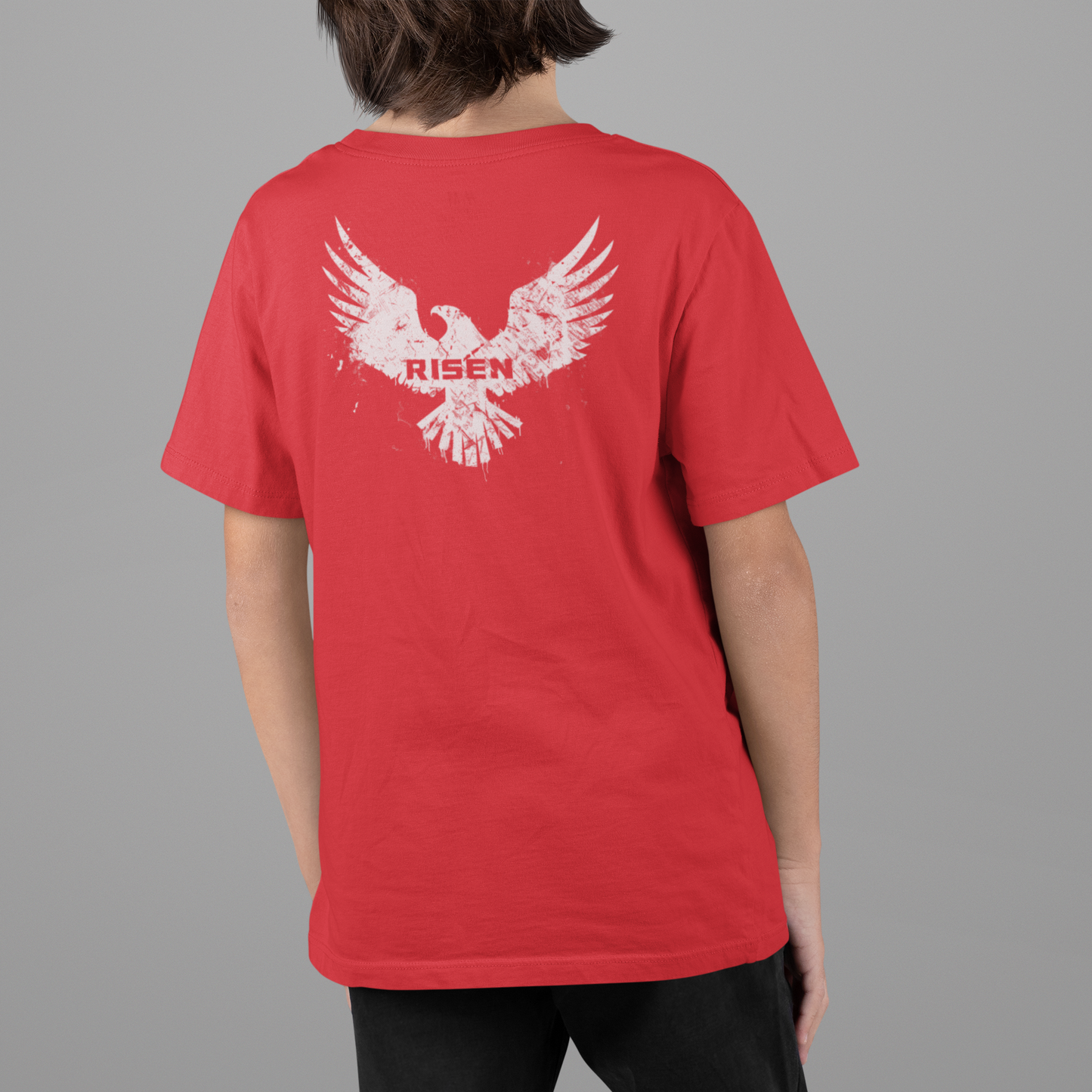 Born to Rise Youth Christian T-Shirt featuring RISEN eagle graphic on back in bold design.
