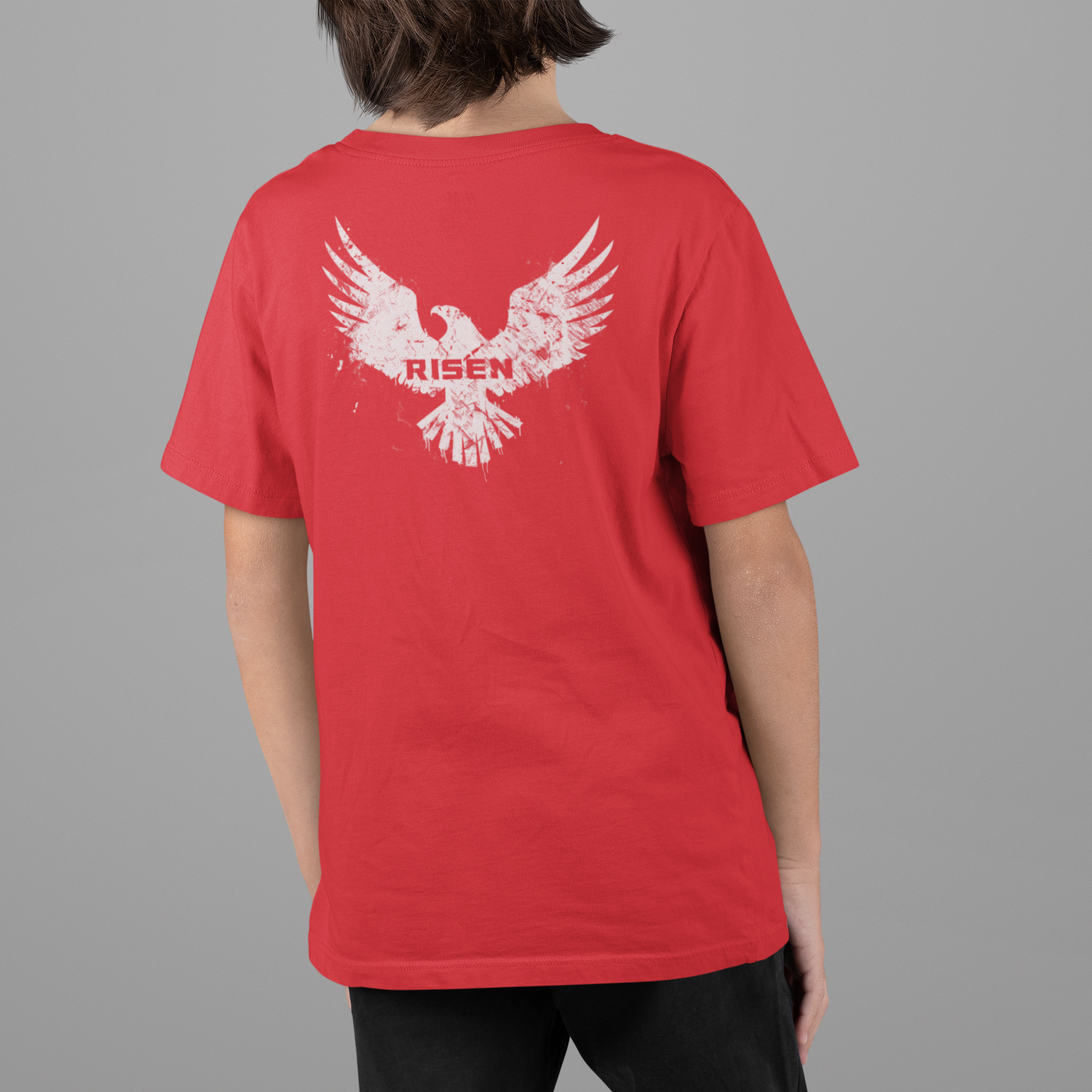Born to Rise Youth Christian T-Shirt featuring RISEN eagle graphic on back in bold design.