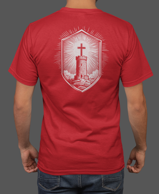 Stone Tower Men’s Christian T-Shirt featuring shield cross graphic on bold red fabric.