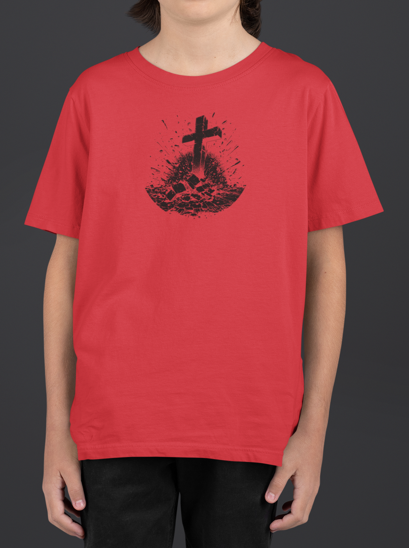 Youth Breakthrough Christian T-Shirt worn by a youth, featuring a RISEN cross graphic on a red tee.