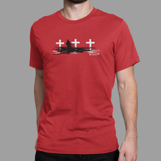 The Third Day Men’s Christian T-Shirt featuring RISEN cross graphic design on a red shirt.