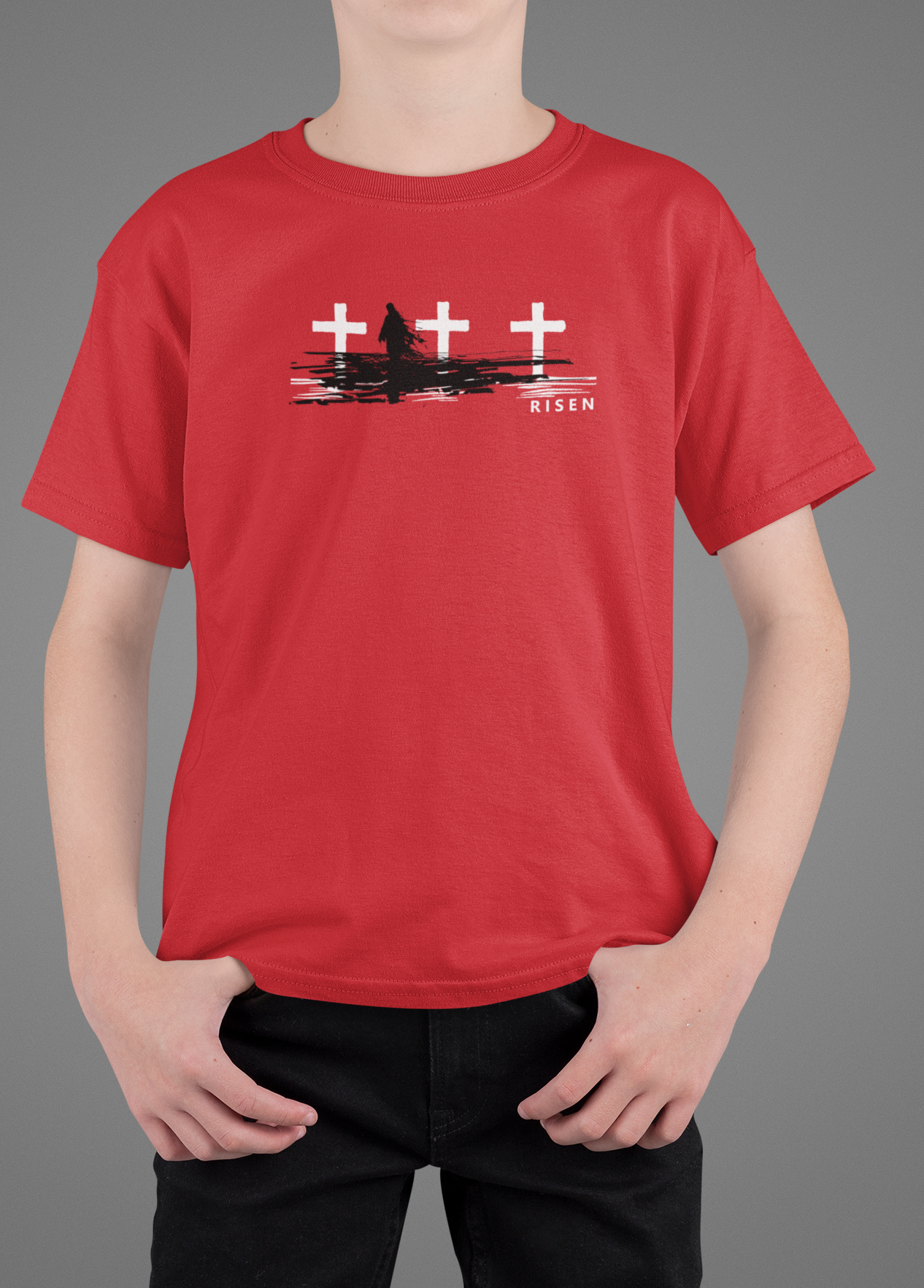 Youth The Third Day Christian T-Shirt featuring RISEN Cross graphic on a red tee.