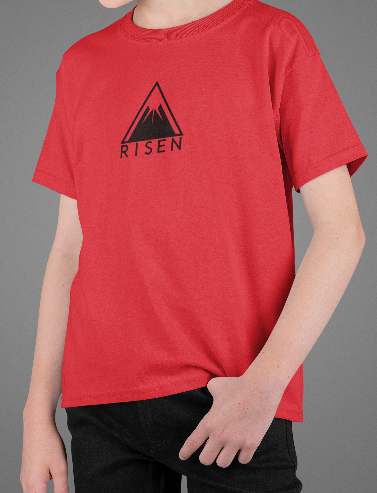 Youth The Peak Christian T-Shirt in red featuring RISEN mountain graphic emblem.