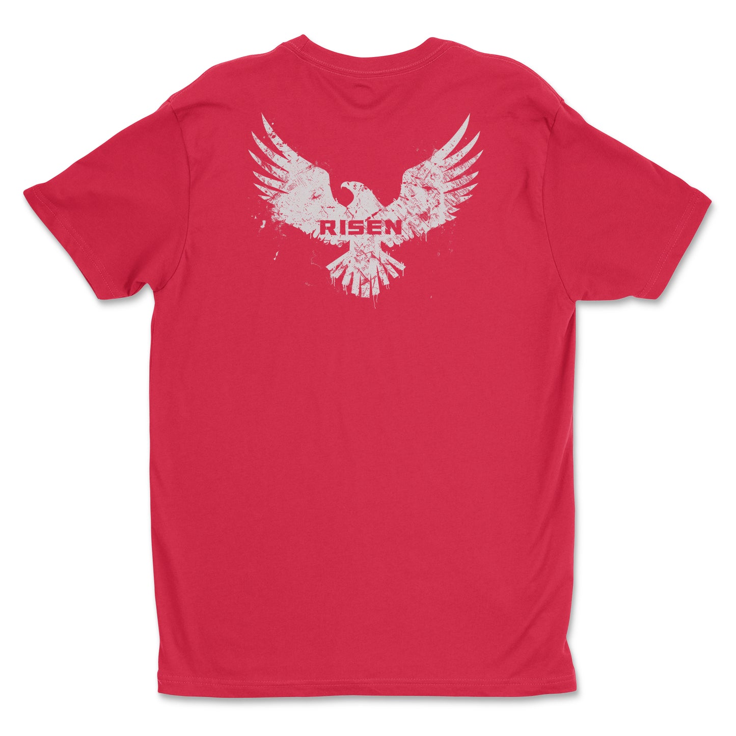 Born to Rise Youth Christian T-Shirt back view with RISEN eagle graphic on a vibrant red background.