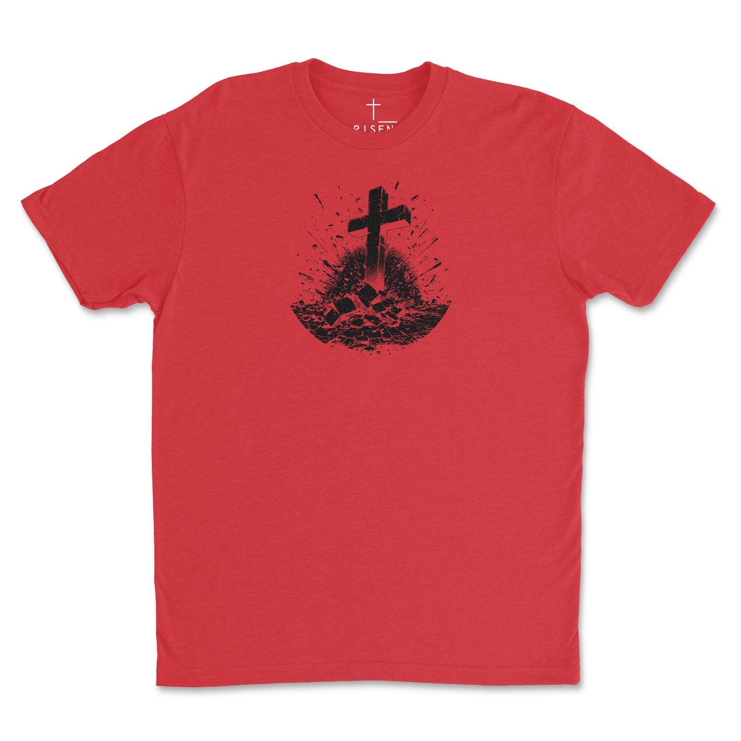 Youth Breakthrough Christian T-Shirt featuring a bold RISEN Cross graphic on a red background.